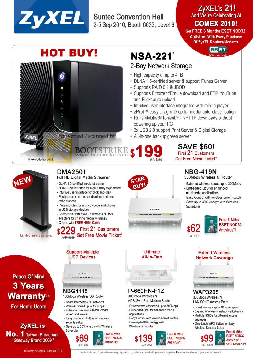 Comex 2010 price list image brochure of ZyXEL NAS NSA 221 Media Player DMA2501 Wirless N Router NBG 419N 4115 ADSL