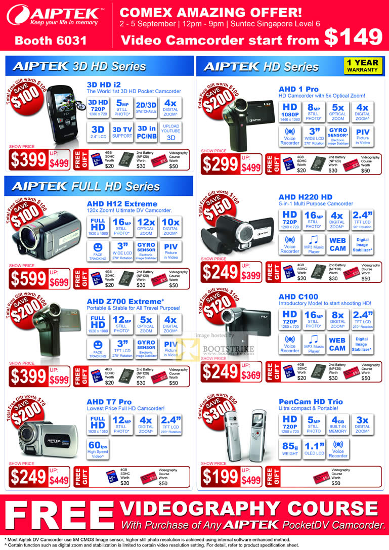 Comex 2010 price list image brochure of IKnow Aiptek Camcorders 3D HD I2 AHD 1 Pro H12 Extreme H220 Z700 C100 T7 PenCam Trio