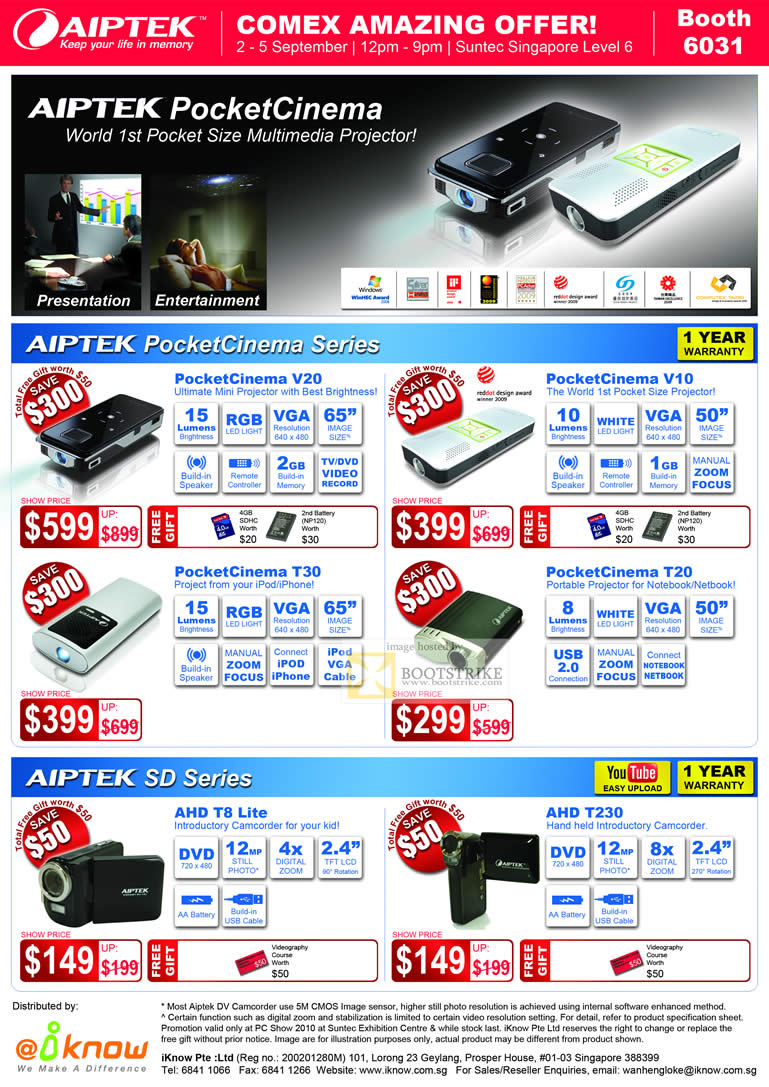Comex 2010 price list image brochure of IKnow Aiptek PocketCinema Projector V20 V10 T30 T20 Camcorders SD AHD T8 Lite T230