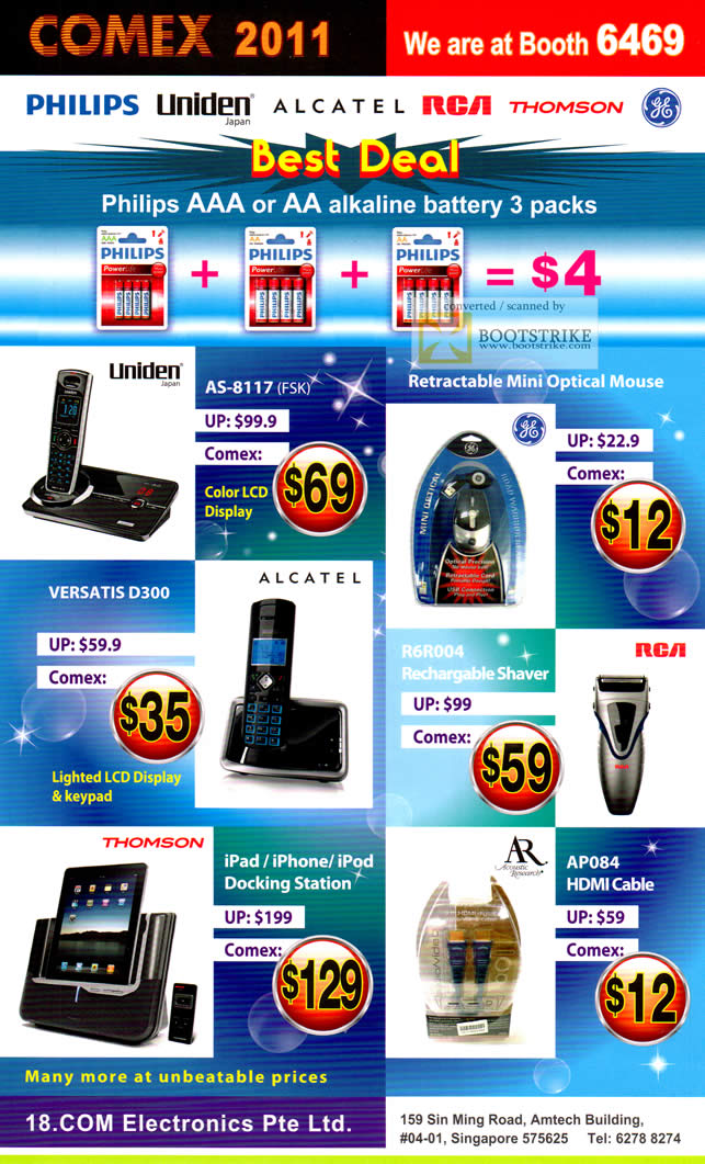 COMEX 2011 price list image brochure of 18.Com Philips Alkaline Battery Uniden AS-8117 Phone Mini Optical Mouse Alcatel Versatis D300 RCA R6R004 Shaver Thomson Docking Station AR084 HDMI Cable