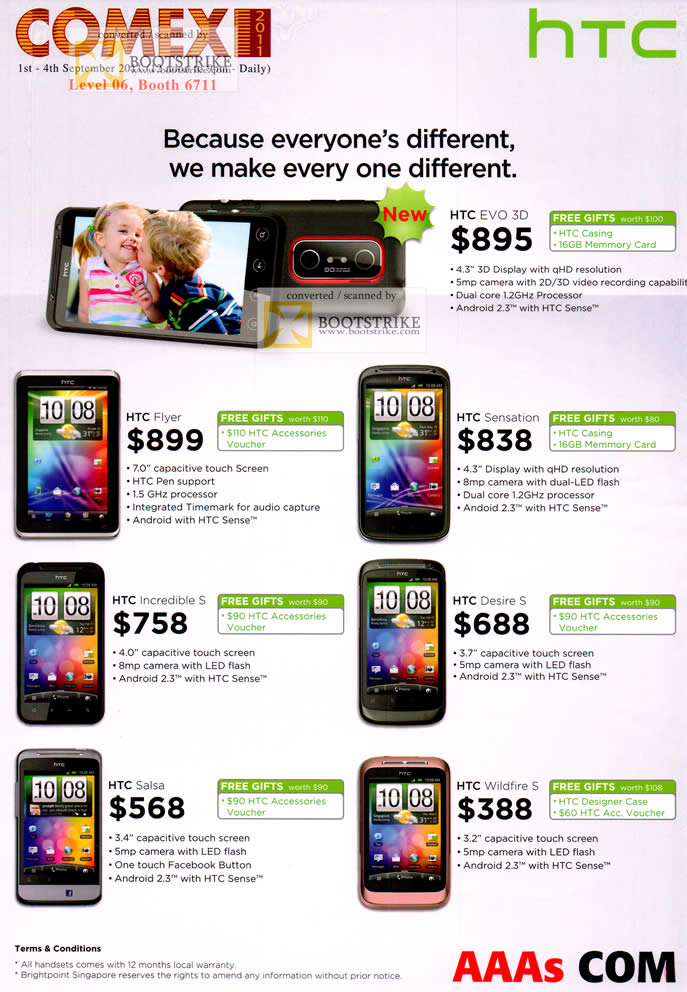 COMEX 2011 price list image brochure of AAAs Com HTC Smartphones Flyer Sensation Incredible S Desire S Salsa Wildfire S