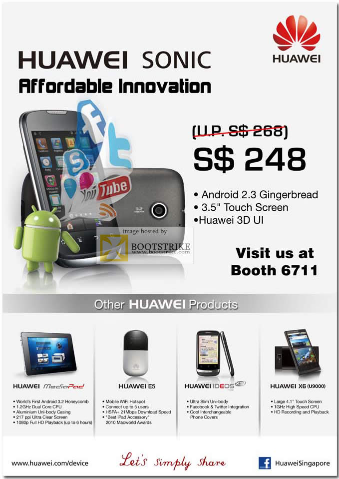 COMEX 2011 price list image brochure of AAAs Com Huawei Sonic Android Gingerbread 3D Smartphone
