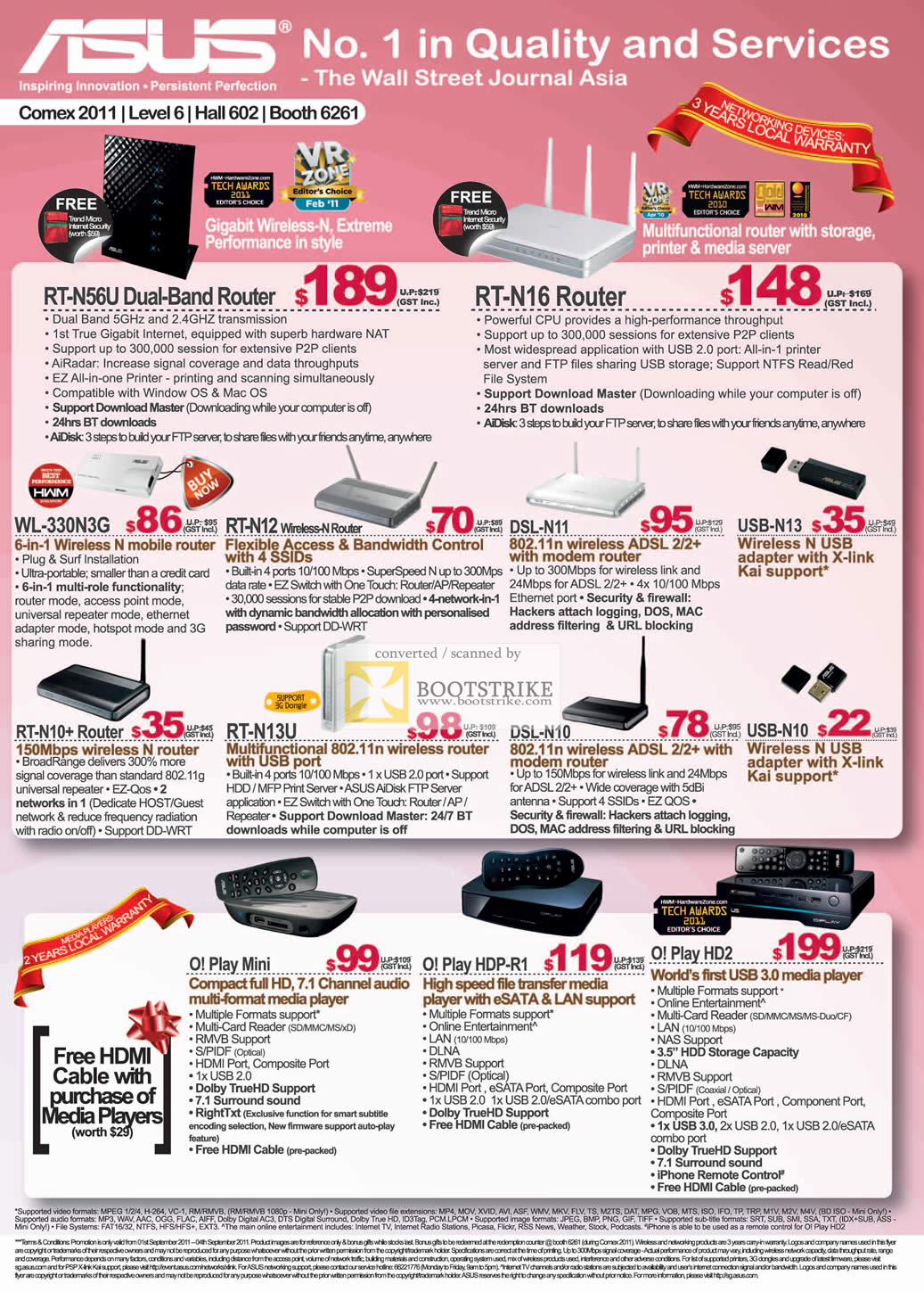 COMEX 2011 price list image brochure of ASUS Networking Router Wireless RT-N56U RT-N16 WL-330N3G RT-N12 DSL-N11 USB-N13 RT-N10 RT-N13U DSL-N10 USB-N10 O Play Mini HDP-R1 HD2 Media Player Adapter