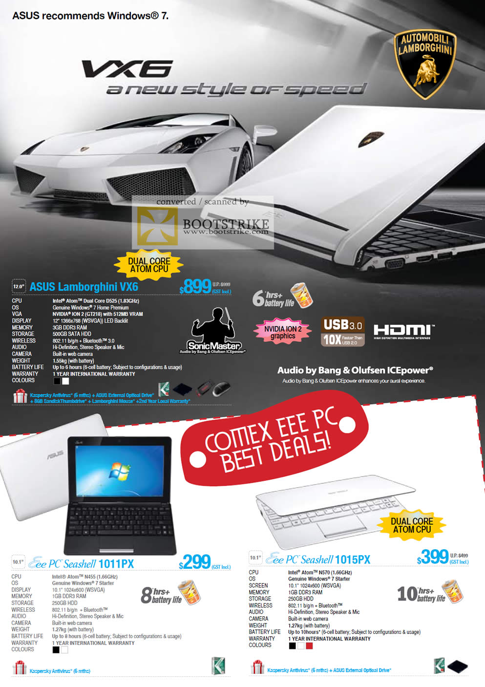 COMEX 2011 price list image brochure of ASUS Notebooks Lamborghini VX6 Bang Olufsen ICEpower Audio Netbook Eee PC Seashell 1011PX 1015PX