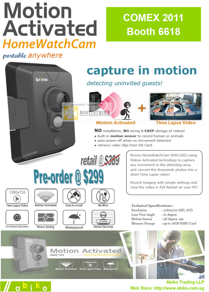 COMEX 2011 price list image brochure of Abiko Brinno HomeWatchCam MAC100 Security Motion Camera