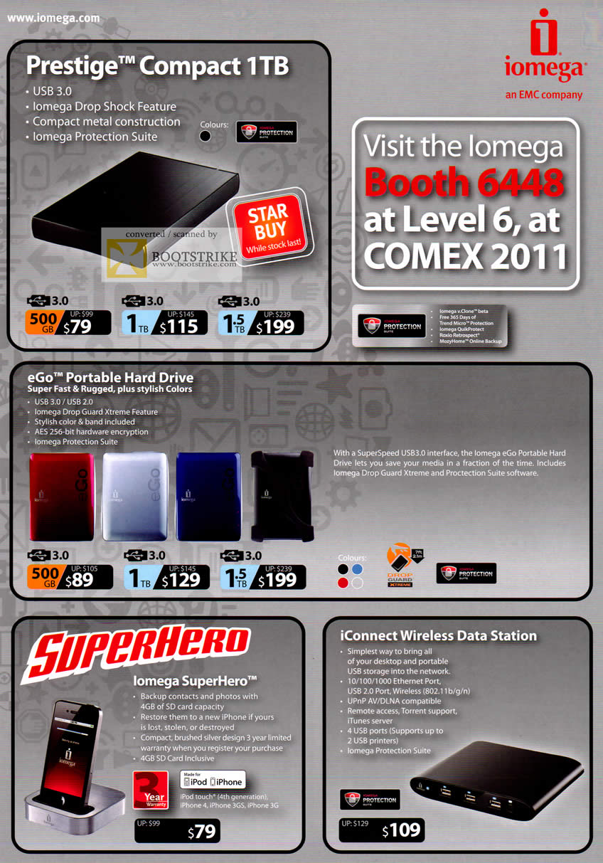 COMEX 2011 price list image brochure of Acecom Iomega External Storage Prestige USB3 EGo Superhero IConnect Wireless Data Station