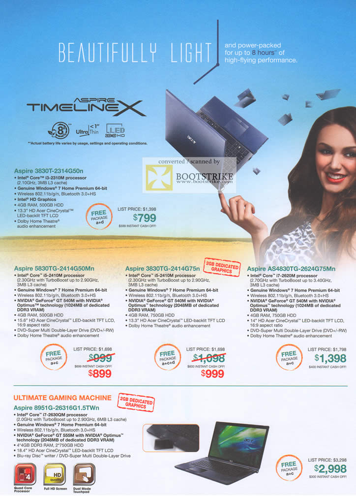 COMEX 2011 price list image brochure of Acer Notebooks Aspire 3830T 2314G50n 5830TG 2414G50Mn 3030TG 2414G75Mn AS4830TG 2624G75Mn Gaming 8951G 26316G1.5Twn