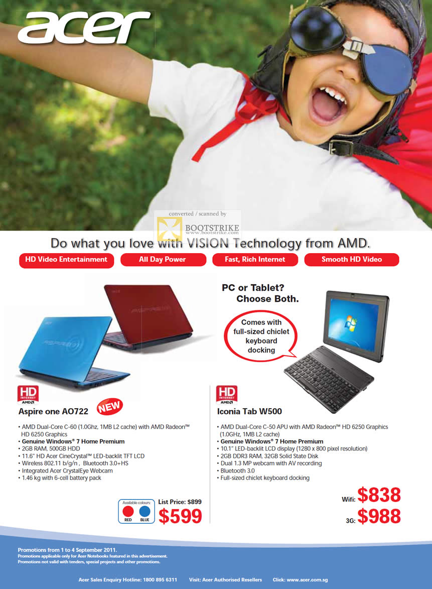COMEX 2011 price list image brochure of Acer Notebooks Aspire One A0722 Icona Tab W500 Tablet