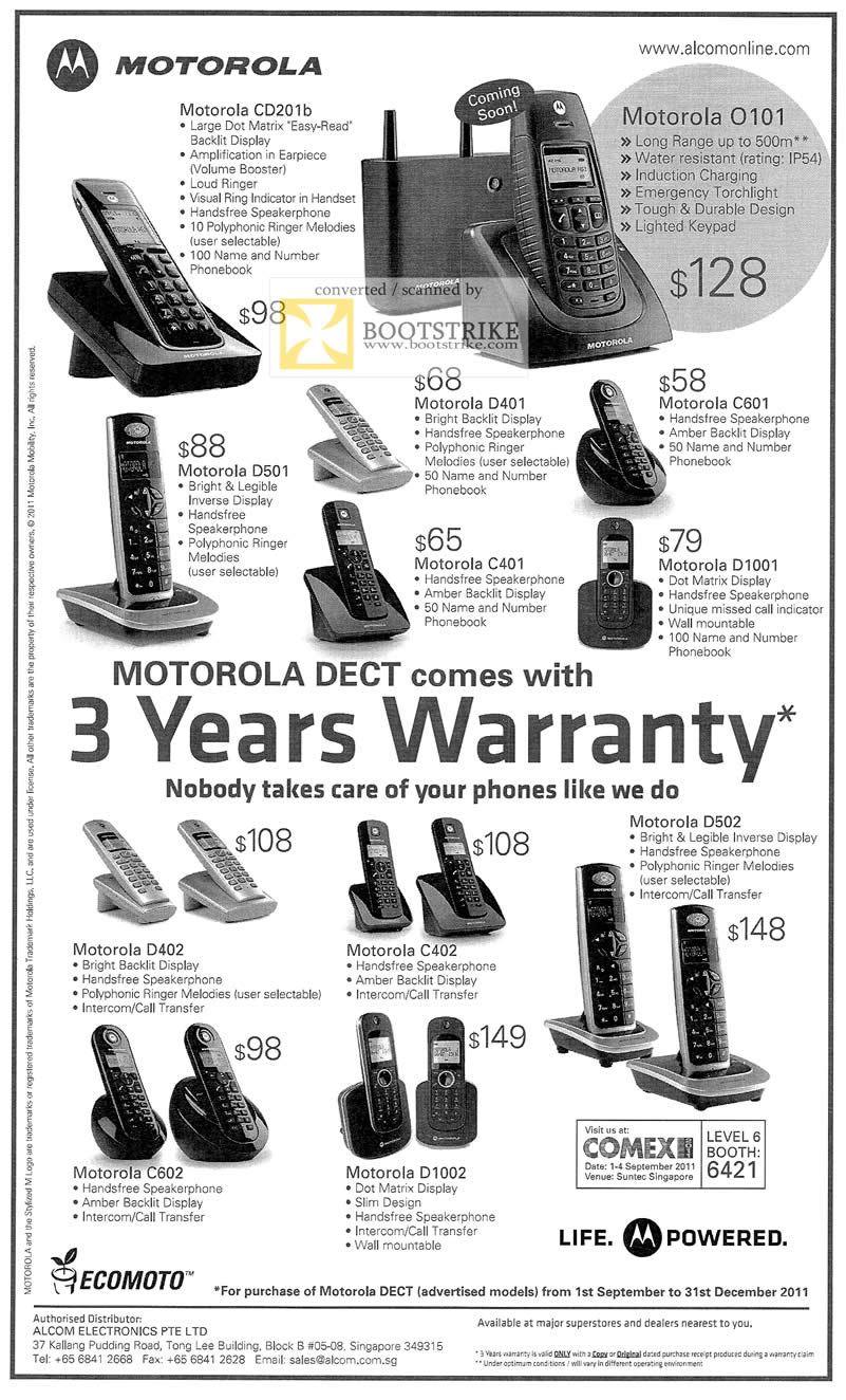 COMEX 2011 price list image brochure of Alcom Motorola Dect Phones CD201B O101 D501 D401 C401 C601 D1001 D402 C402 D502 C602 D1002