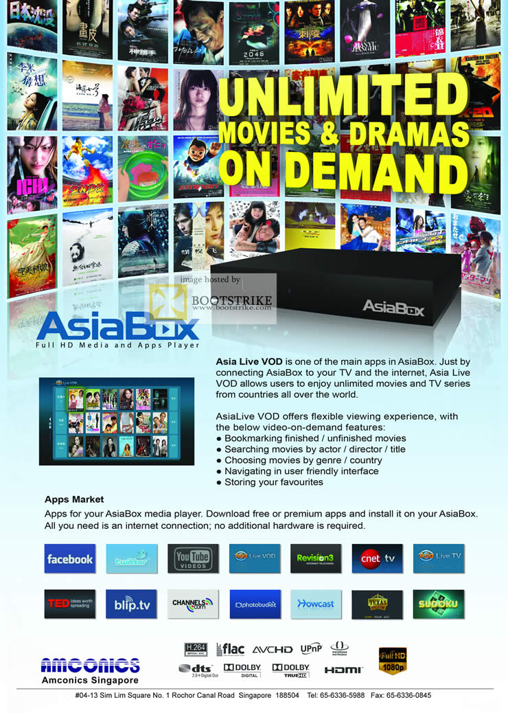 COMEX 2011 price list image brochure of Amconics AsiaBox Media Player Features Apps Market Video On Demand VOD