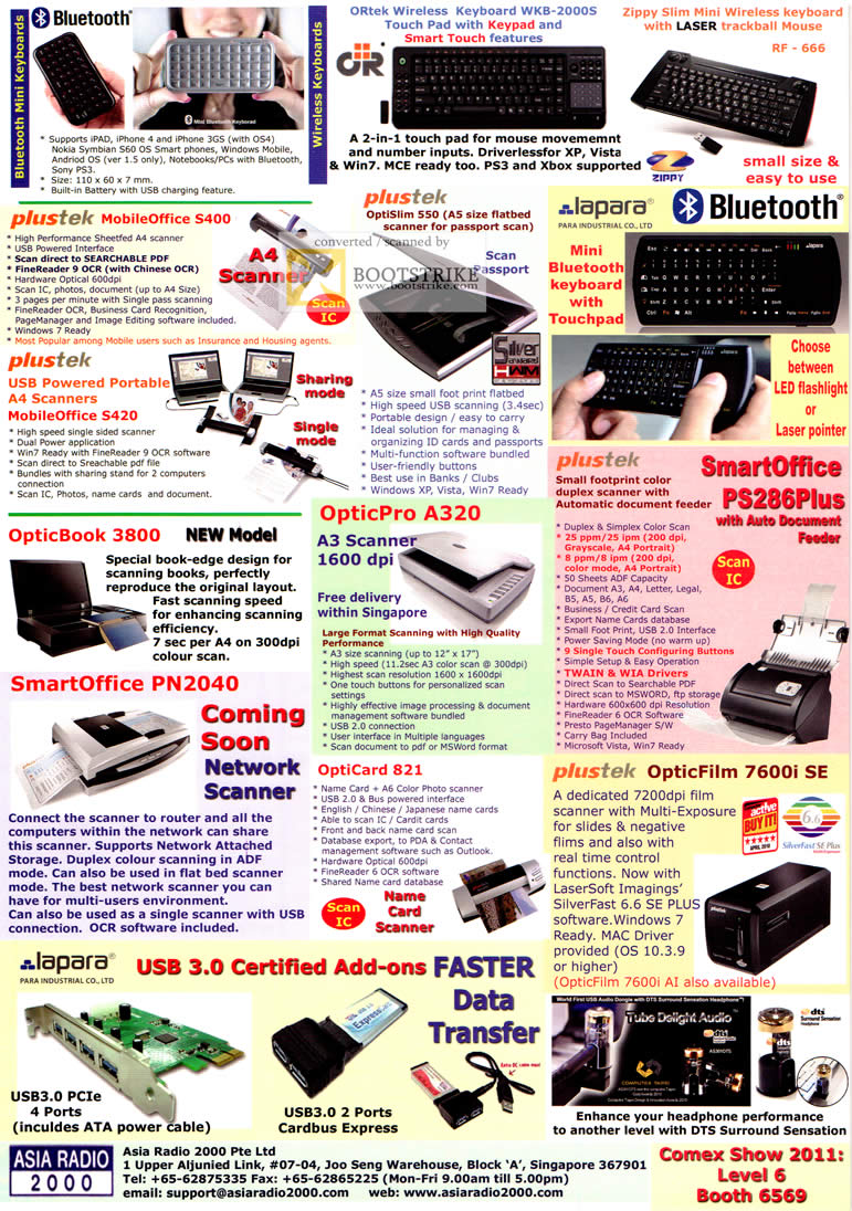 COMEX 2011 price list image brochure of Asia Radio Plustek Scanner OpticPro A320 3800 Lapara Bluetooth Keyboard OpticFilm 7600i