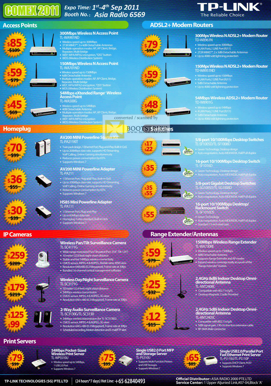 COMEX 2011 price list image brochure of Asia Radio TP-Link Networking Access Point ADSL2 Modem Router Homeplug Switch IPCam Range Extender Antenna Print Server