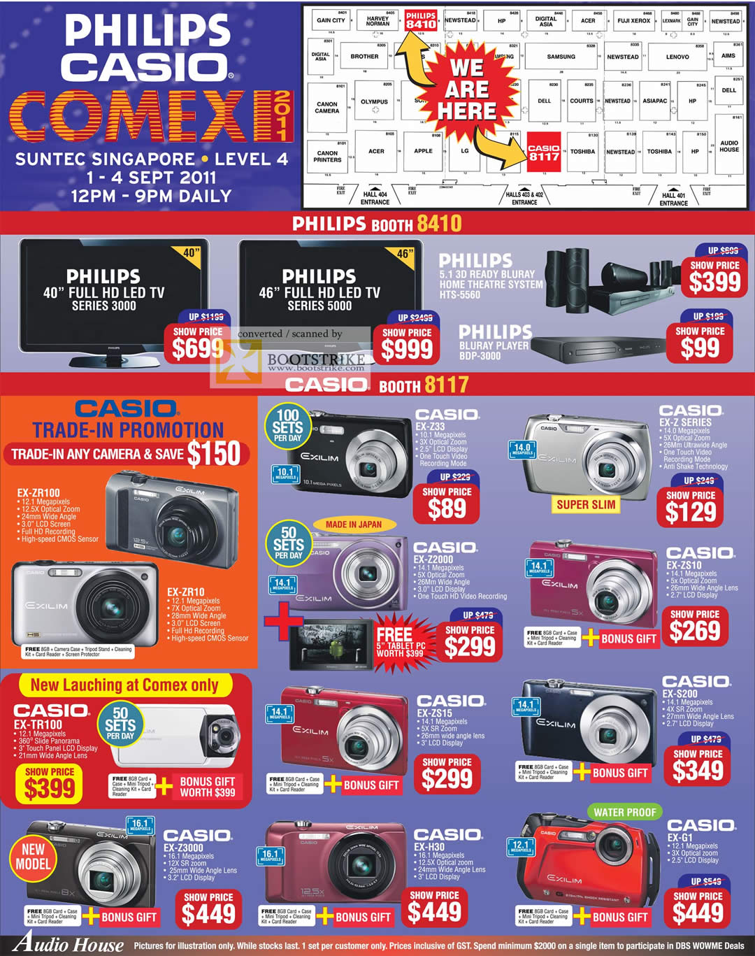 COMEX 2011 price list image brochure of Audio House Philips TV Home Theatre System HTS-5560 BDP-3000 Blu Ray Player Casio Digital Cameras EX-ZR100 ZR10 Z33 Z2000 ZS10 ZS15 S200 Z3000 H30 G1 EX-TR100
