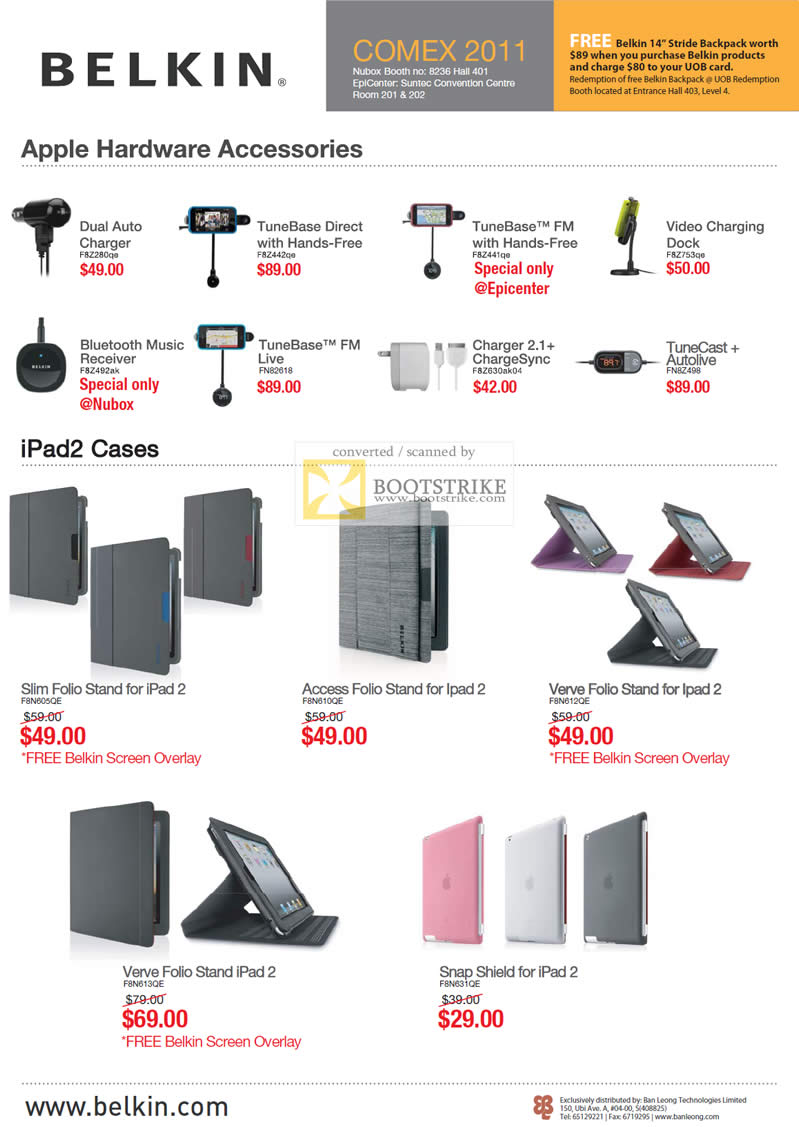 COMEX 2011 price list image brochure of Belkin Apple Charger Bluetooth Music Receiver TuneBase TuneCast IPad2 Case Slim Folio Access Verve Snap Shield