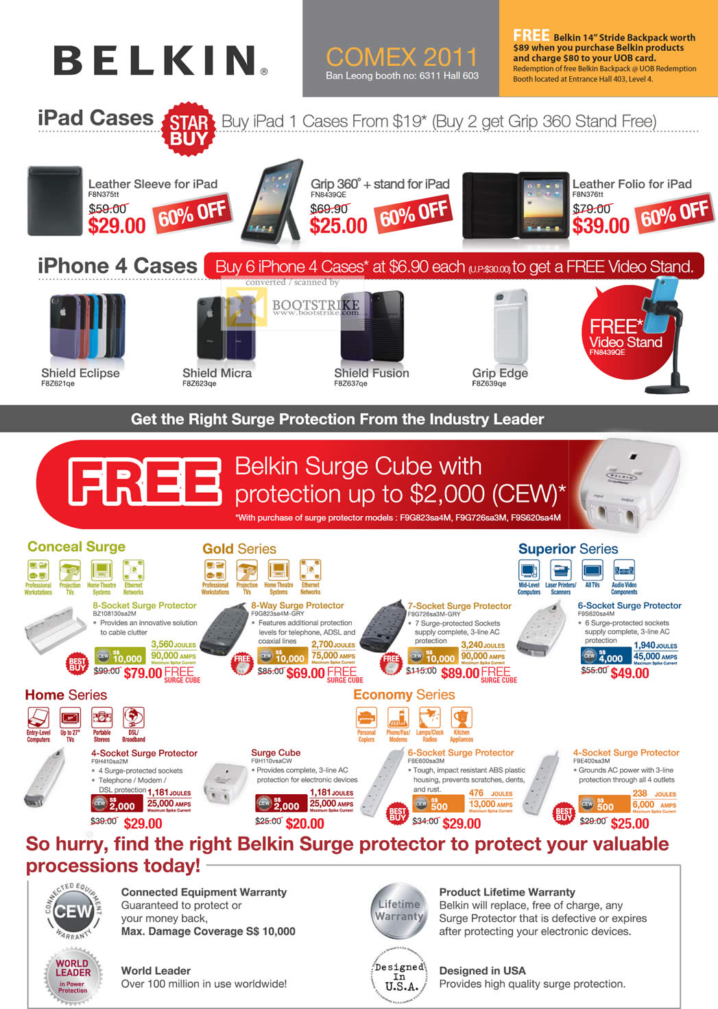 COMEX 2011 price list image brochure of Belkin IPad Case IPhone 4 Grip 360 Stand Leather Folio Surge Protector Conceal Surge Gold Home Cube Superior Economy