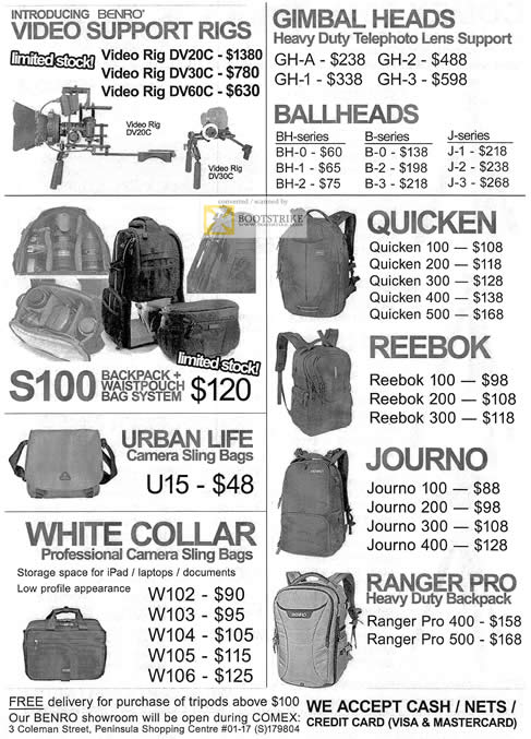 COMEX 2011 price list image brochure of Ben Photo Video Support Rigs DV20C DV30C DV60C Gimbal Heads Ballheads Quicken S100 Backpack Urban Life Reebok Journo Ranger Pro White Collar Bags