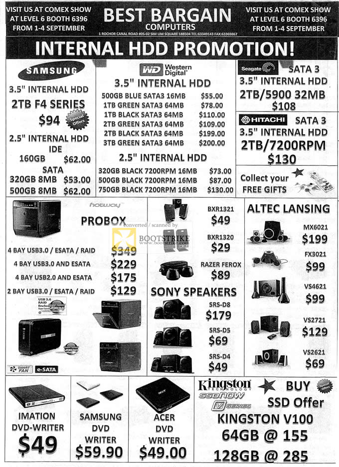 COMEX 2011 price list image brochure of Best Bargain Internal HDD Samsung Western Digital WD Seagate Hitachi Probox Sony Speakers Altec Lansing Imation External DVD Writer Kingston SSDNow SSD V100