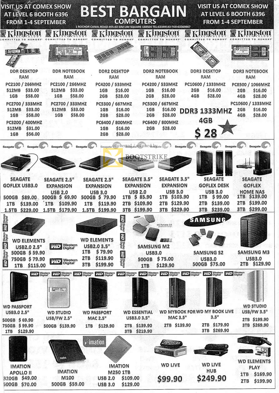 COMEX 2011 price list image brochure of Best Bargain Memory DDR RAM Notebook DDR2 DDR3 External Storage Seagate GoFlex Expansion NAS Elements Samsung M2 S2 M3 Passport Studio Live Imation Apollo II M100 M250