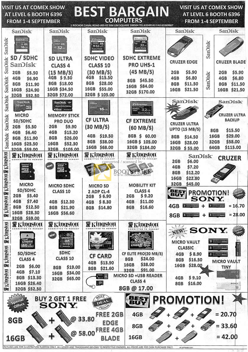 COMEX 2011 price list image brochure of Best Bargain Sandisk Memory Card CF Ultra Extreme Cruzer Kingston SHDC Elite Pro Sony Micro Vault Classic