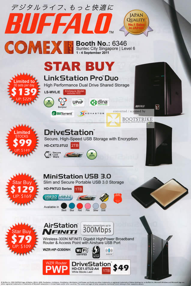 COMEX 2011 price list image brochure of Buffalo Networking LinkStation Pro Duo DriveStation MiniStation USB3 AirStation Nfiniti External Storage NAS