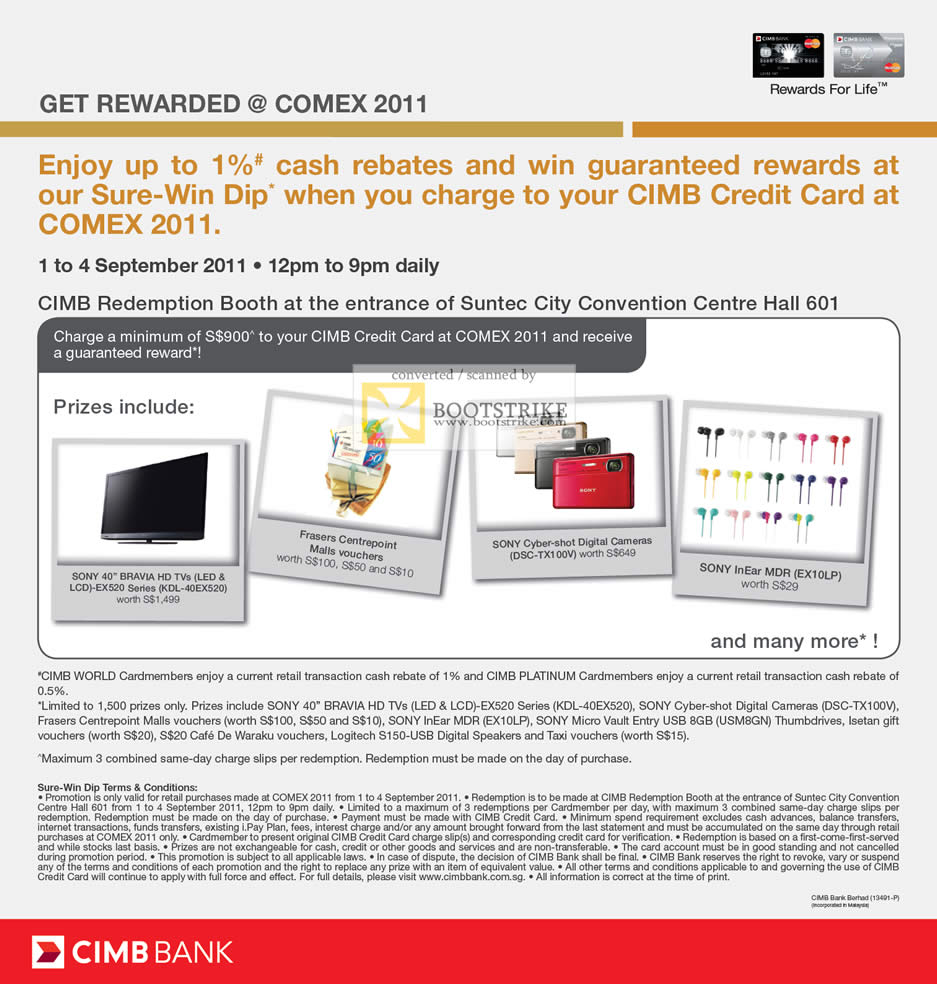 COMEX 2011 price list image brochure of CIMB Redemption Cash Rebates Guaranteed Rewards Sure Win Dip Credit Card