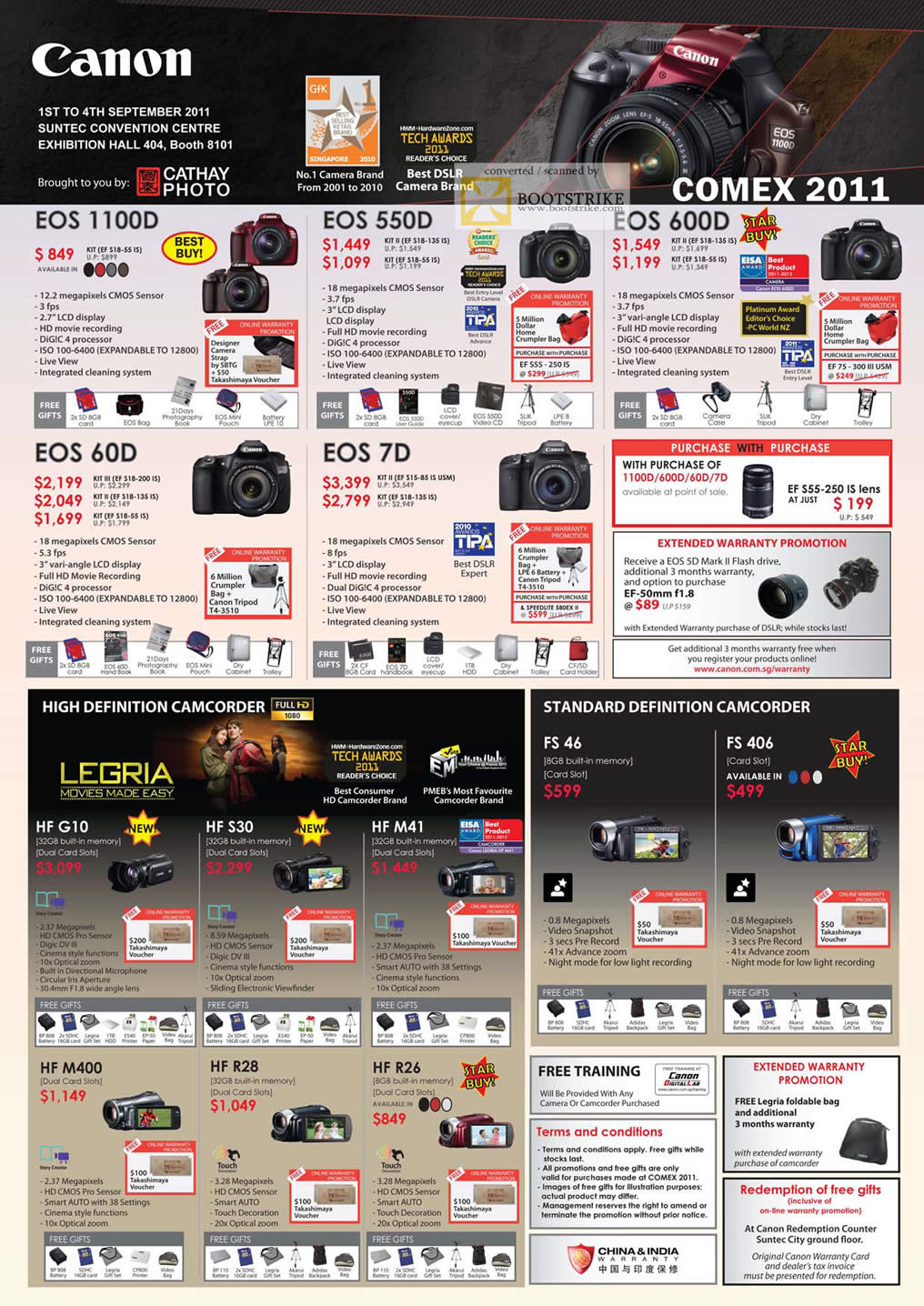 COMEX 2011 price list image brochure of Canon Digital Cameras DSLR EOS 1100D 550D 600D 60D 7D Camcorder Legria HF G10 S30 M41 M400 R28 R27 FS 46 FS 406