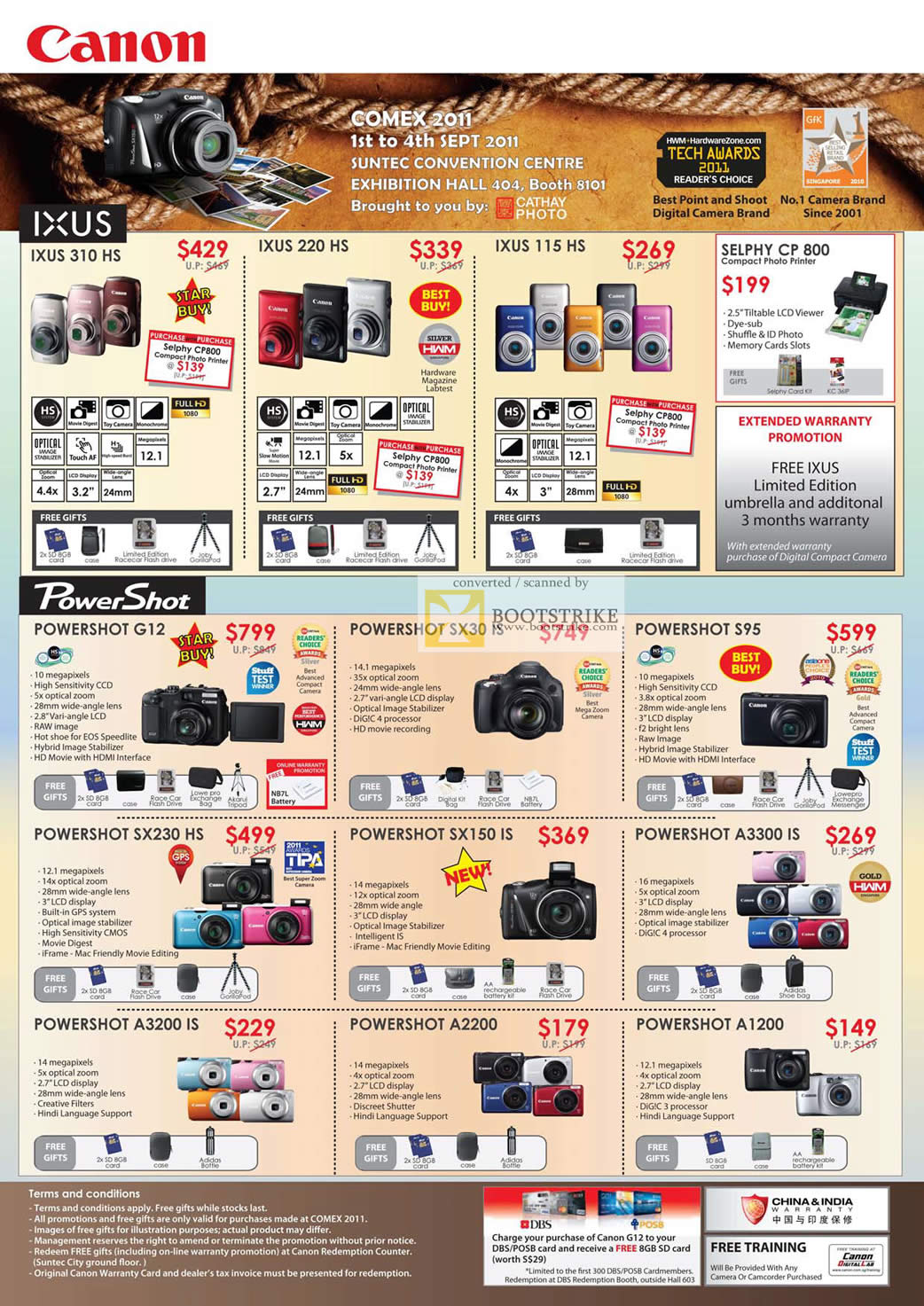 COMEX 2011 price list image brochure of Canon Digital Cameras IXUS 310 HS 220 115 Selphy CP 800 Powershot G12 SX30 IS S95 SX230 HS SX150 A3300 A3200 A2200 A1200