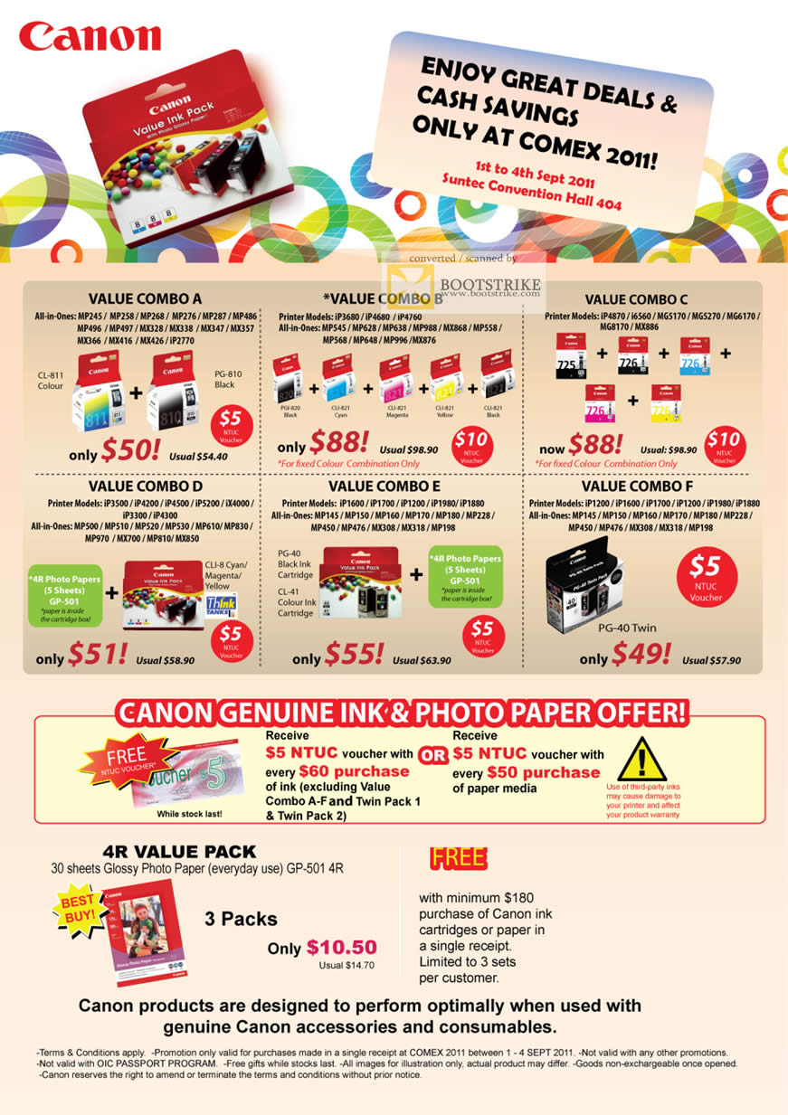 COMEX 2011 price list image brochure of Canon Ink Cartridge Combo Photo Paper 4R