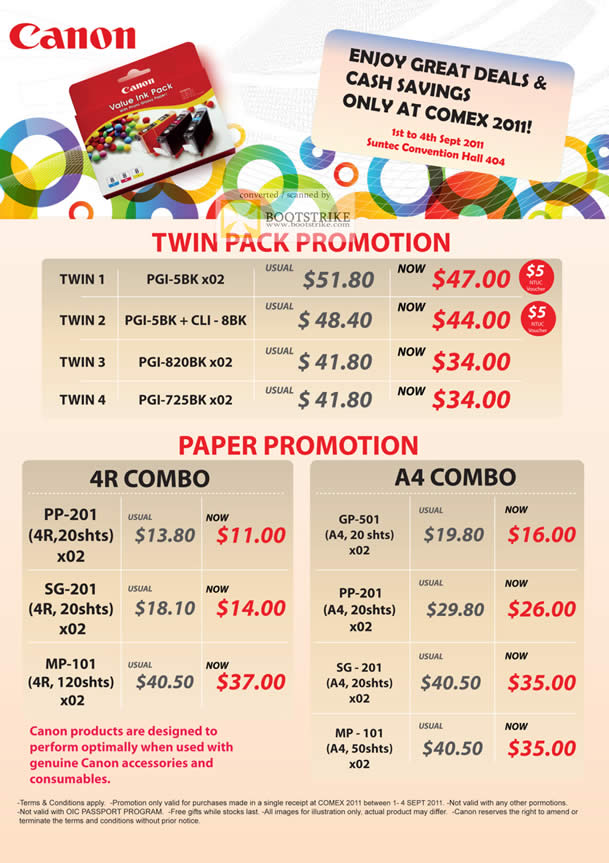 COMEX 2011 price list image brochure of Canon Paper 4R A4 Twin Pack PGI GP PP SG MP