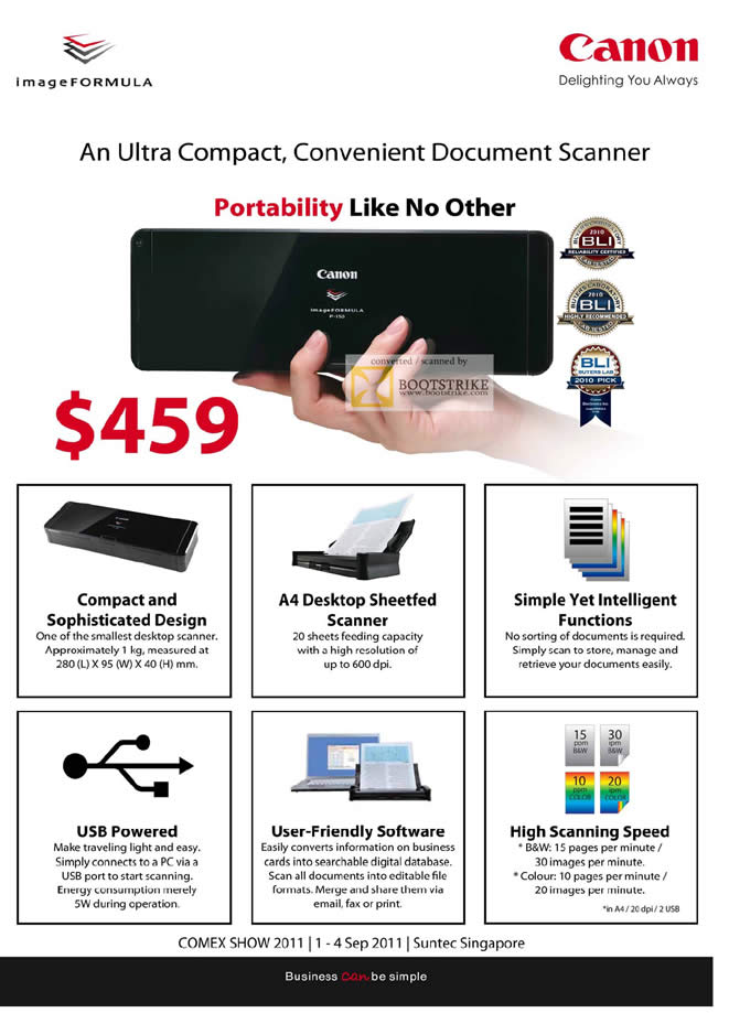 COMEX 2011 price list image brochure of Canon Scanner Portable P-150 Features