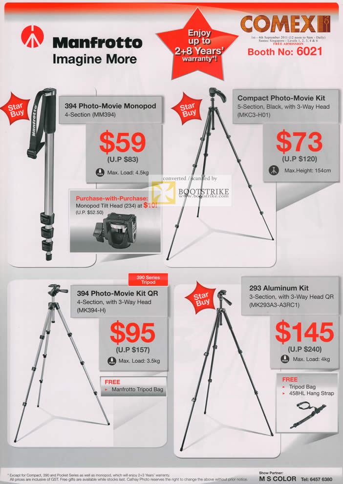 COMEX 2011 price list image brochure of Cathay Photo Manfrotto 394 Photo Movie Monopod MM394 MKC3-H01 394 MK394-H MK293A3-A3RC1 293 Aluminum Kit