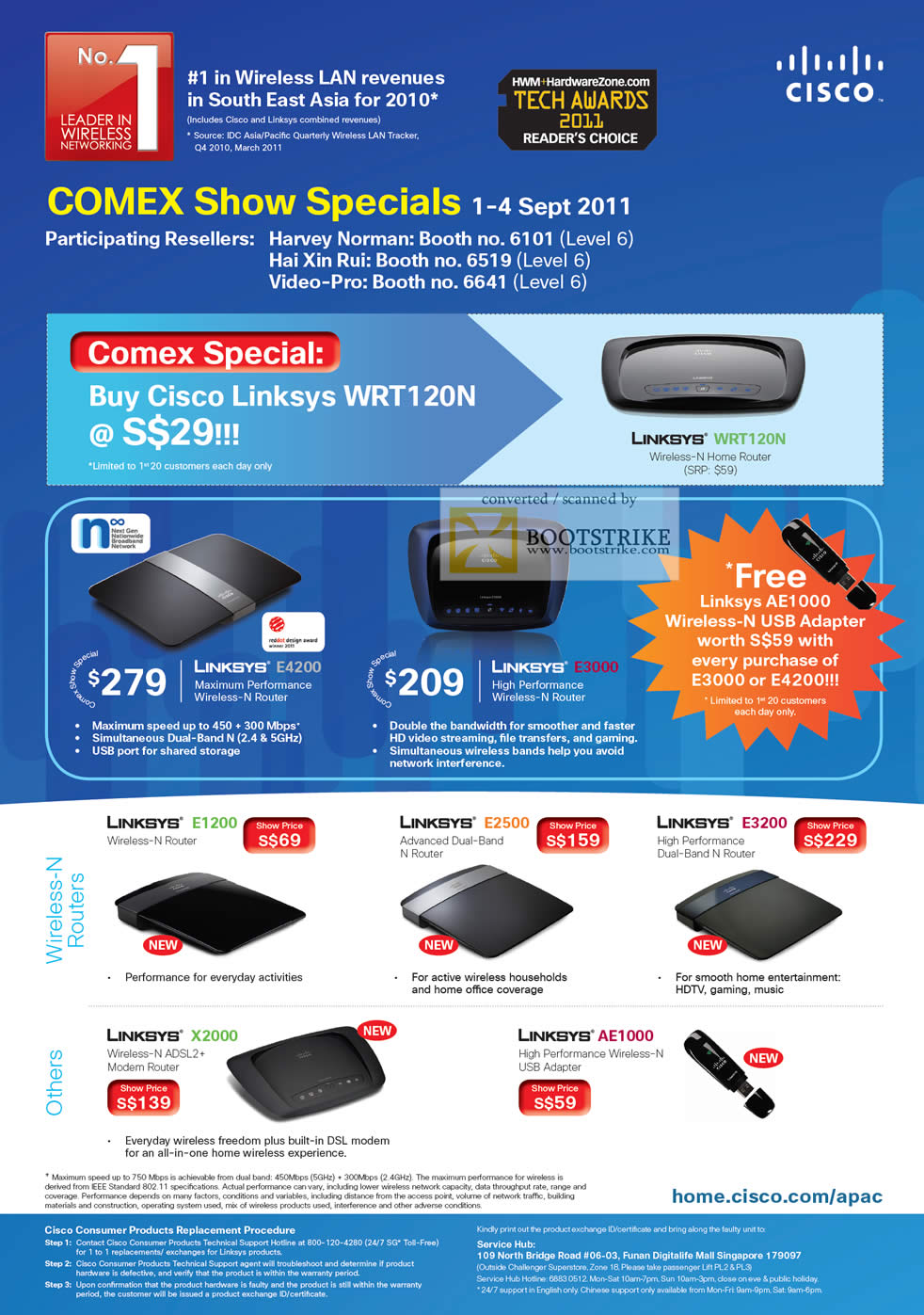 COMEX 2011 price list image brochure of Cisco Linksys Router Linksys E4200 E3000 WRT120N E1200 E2500 E3200 X2000 AE1000 Modem USB Adapter