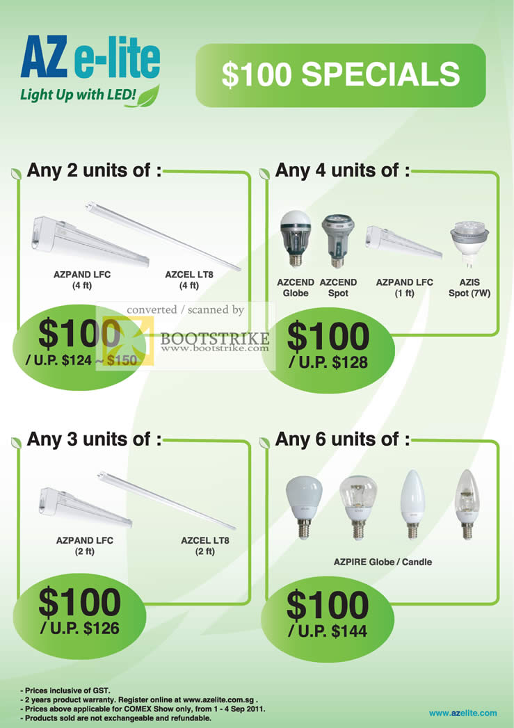 COMEX 2011 price list image brochure of Convergent AZ E-Lite LED 100 Dollar Specials