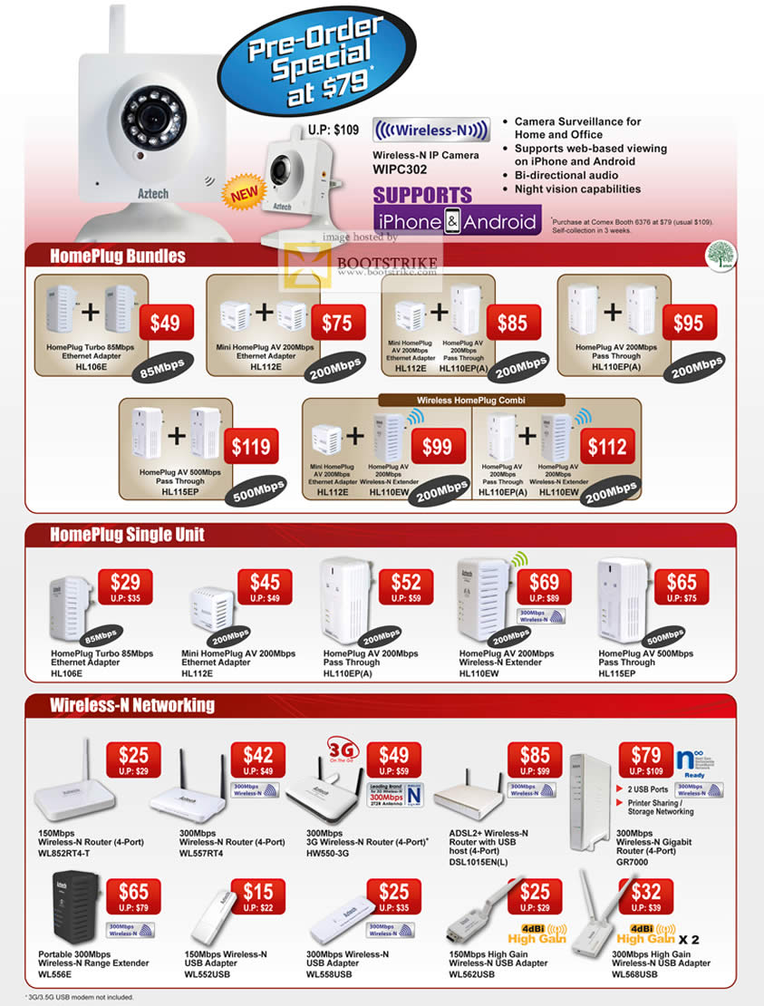 COMEX 2011 price list image brochure of Convergent Aztech Networking IPCam WIPC302 HomePlug HL106E HL112E HL110EP HL115EP HL110EW Mini Pass Through Extender Router ADSL2 Adapter