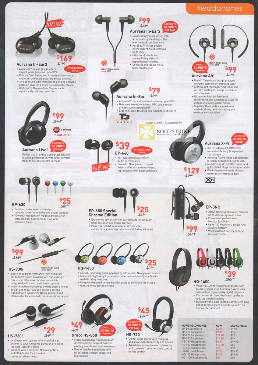 COMEX 2011 price list image brochure of Creative Headphones Earphones Aurvana In-Ear3 In-Ear2 Live In-Ear Air EP-660 X-Fi EP-630 EP-650 Chrome EP-3NC HS-730i Draco HS-850 HS-720