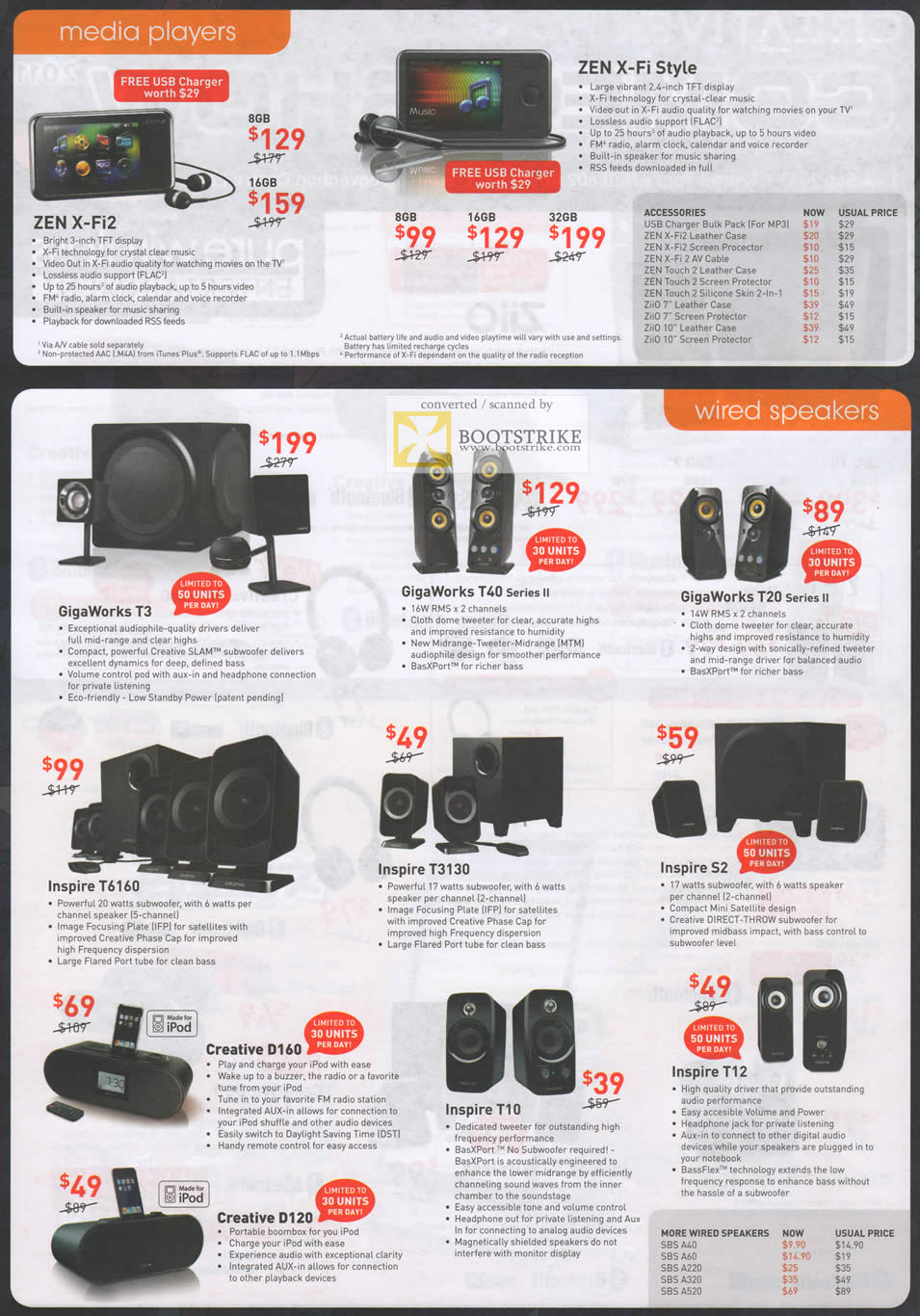 COMEX 2011 price list image brochure of Creative Media Player Zen X-Fi2 X-Fi Style Speakers GigaWorks T3 T40 Series II T20 Inspire T6160 T3130 S2 IPod Dock D160 D120 T10 T12 SBS A40 A60 A220 A320 A520