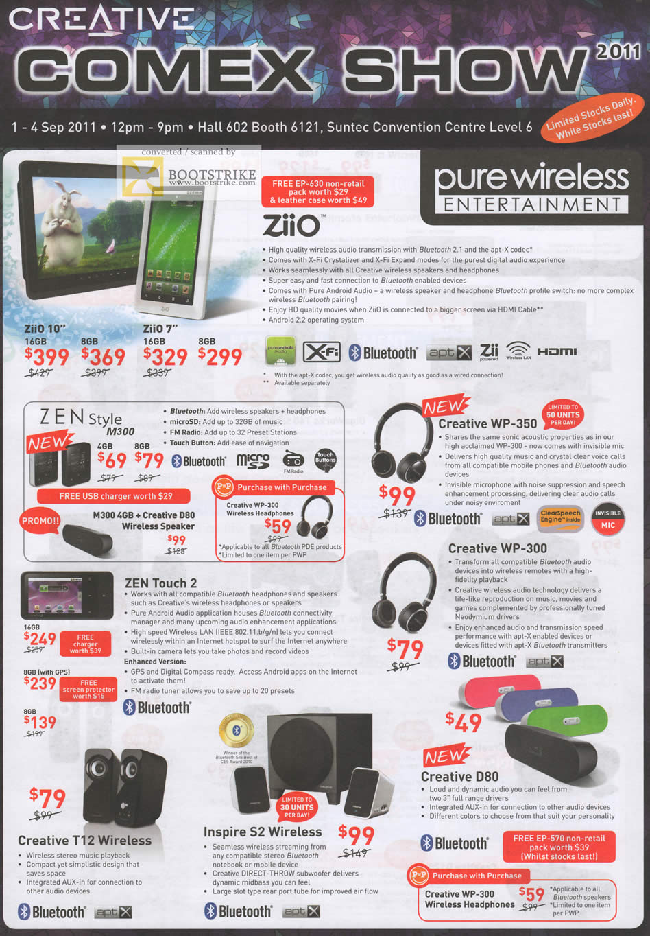 COMEX 2011 price list image brochure of Creative ZiiO 10 Style M300 Headset WP-350 300 Zen Touch 2 Speakers T12 Wireless Inspire S2 D80