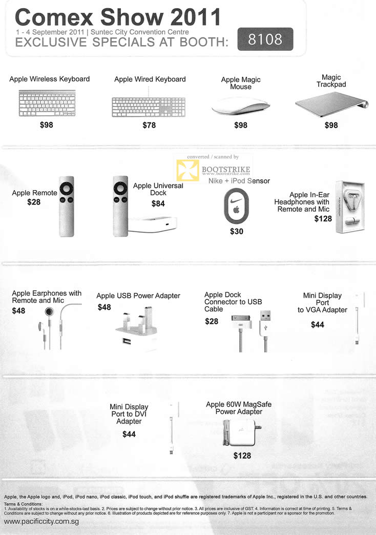 COMEX 2011 price list image brochure of ECS Apple Wireless Keyboard Magic Mouse Trackpad Remote Universal Dock Sensor Headphones USB Power Adapter VGA DVI Adapter MagSafe