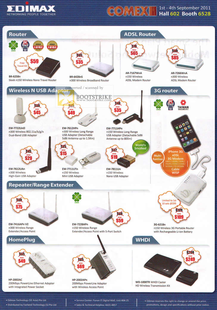COMEX 2011 price list image brochure of Edimax Router ADSL USB Adapter 3G Router Repeater Range Extender HomePlug WHDI Caster EW