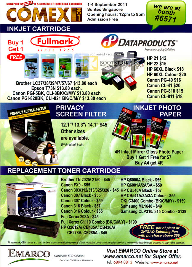 COMEX 2011 price list image brochure of Emarco Fullmark Ink Cartridge DataProducts Privacy Screen Filter Inkjet Photo Paper Toner