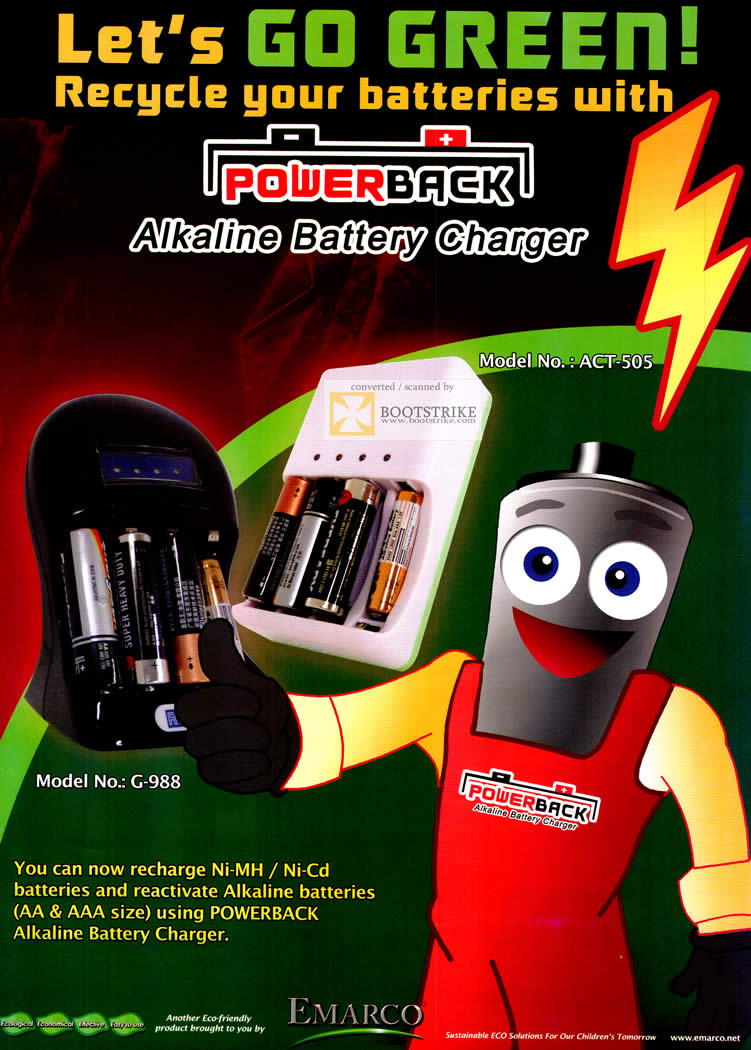 COMEX 2011 price list image brochure of Emarco Powerback Alkaline Battery Recharger Charger G-988 Ni-MH Ni-Cd