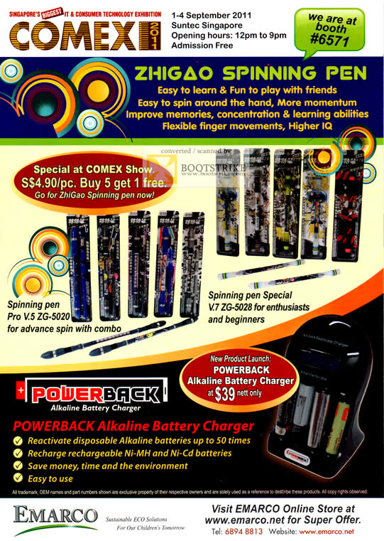 COMEX 2011 price list image brochure of Emarco Zhigao Spinning Pen ZG-5020 ZG-5028 Powerback Alkaline Battery Charger