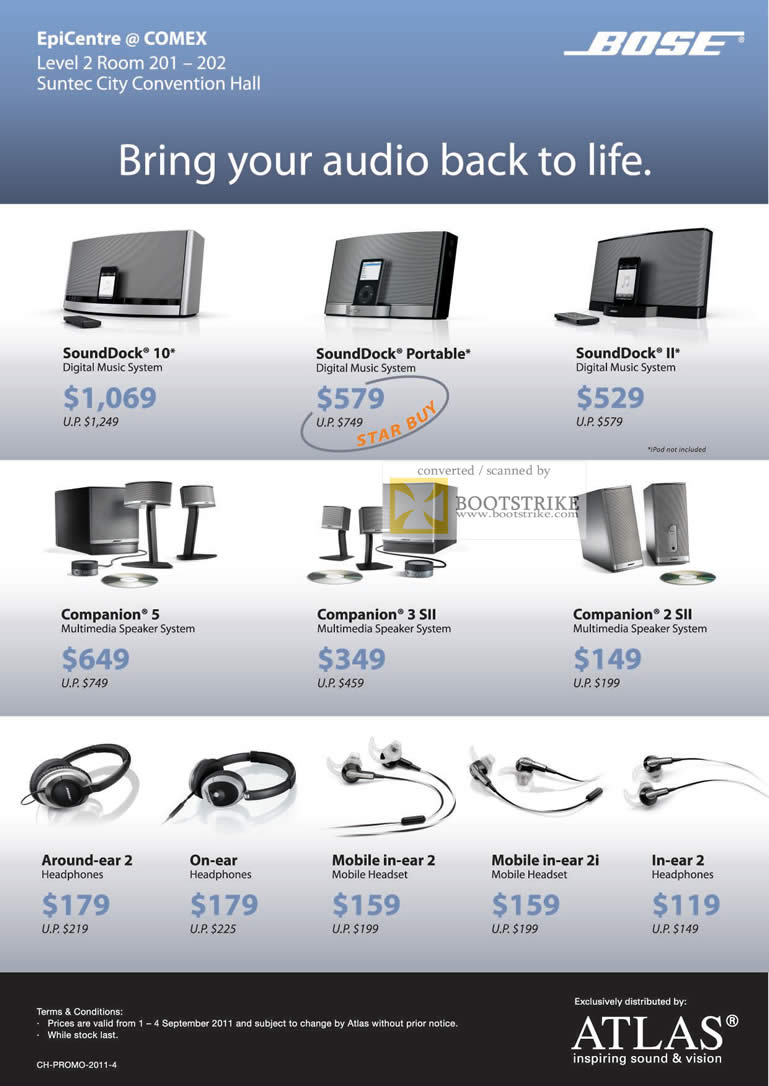 COMEX 2011 price list image brochure of EpiCentre Bose Speakers Headphone Headset SoundDock 10 Portable II Companion 5 3 SII 2 Around-Ear 2 On-Ear Mobile In-Ear 2i