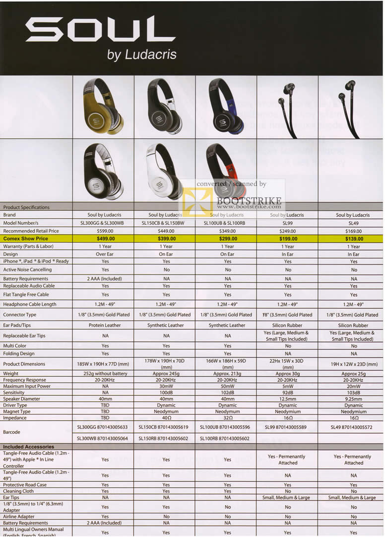 COMEX 2011 price list image brochure of EpiCentre Soul Orange Communications Ludacris Headphones Headset SL300GG SL300WB SL150CB SL150BW SL100UB SL100RB SL99 SL49