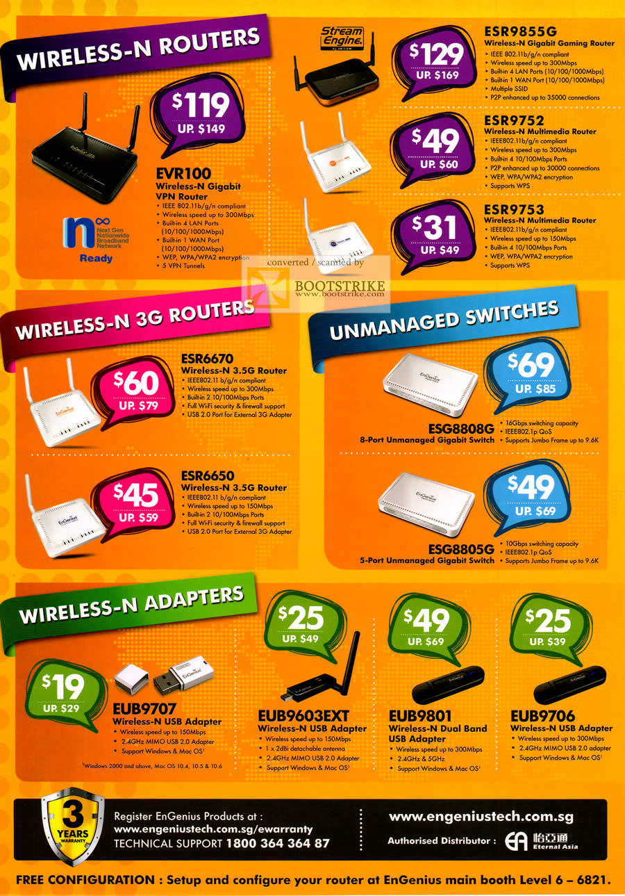 COMEX 2011 price list image brochure of Eternal Asia Engenius Wiress Router 3G Switches USB Adapters EVR100 ESR9855G ESR9752 ESR6670 ESR6650 ESG8808G EUB9707 EUB9603EXT
