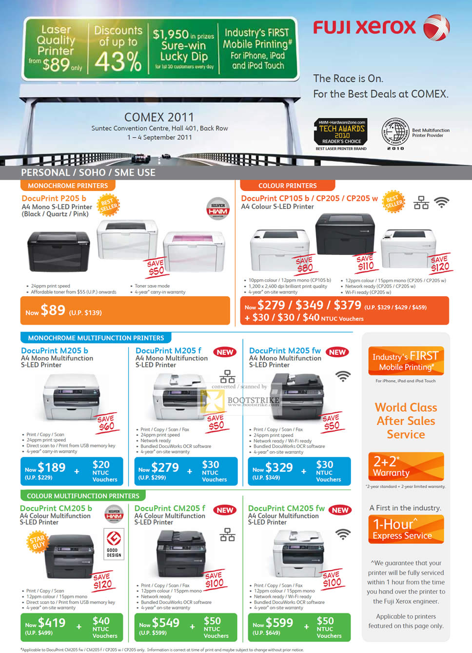 COMEX 2011 price list image brochure of Fuji Xerox Laser Printers S-LED DocuPrint P205 B CP105 CP205 W M205 M205 F Fw CM205