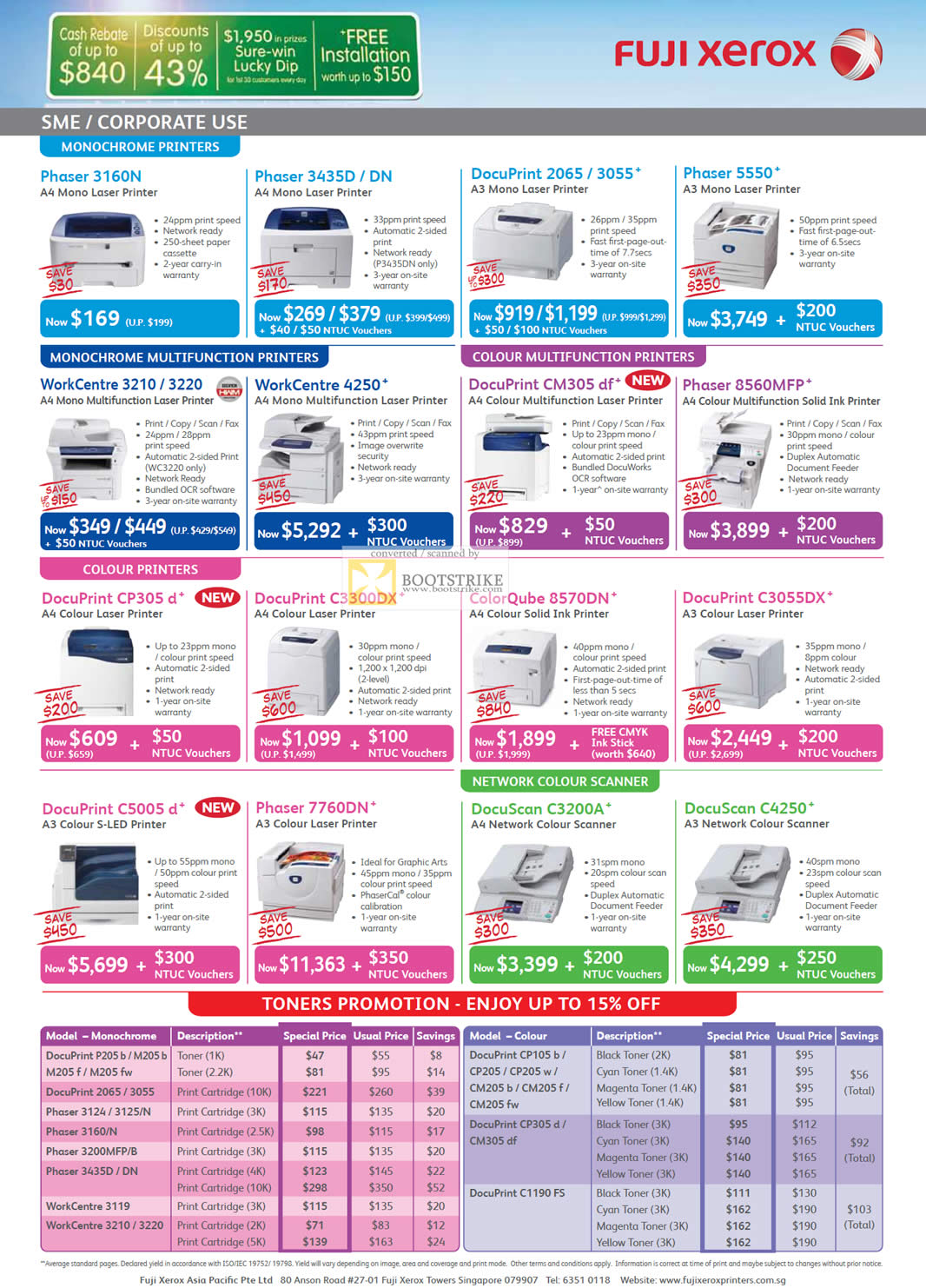 COMEX 2011 price list image brochure of Fuji Xerox Printers Laser Phaser 3160N DN DocuPrint 2065 3055 5550 WorkCentre 3210 4250 CM305 Df 8560MFP CP305 ColorQube C3255DX 7760DN Scanners C3200A C4250