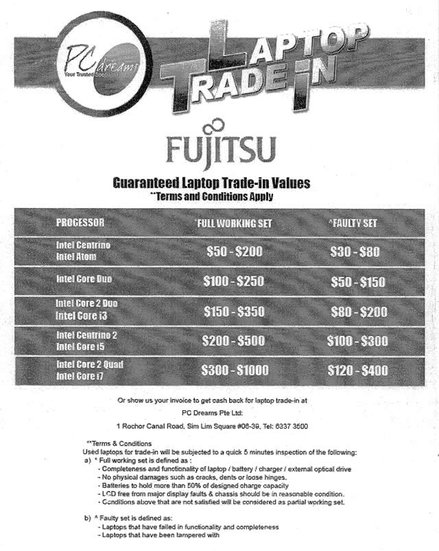 COMEX 2011 price list image brochure of Fujitsu PC Dreams Notebook Trade In Prices