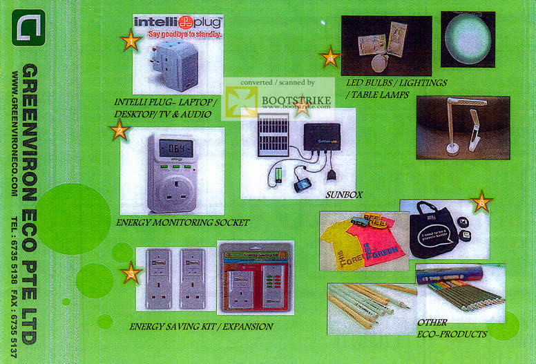 COMEX 2011 price list image brochure of Greenviron Eco Intelli Plug Laptop, Energy Monitoring Socket, Saving Kit, Expansion, Sunbox, LED Bulbs, Table Lamps, Lightings