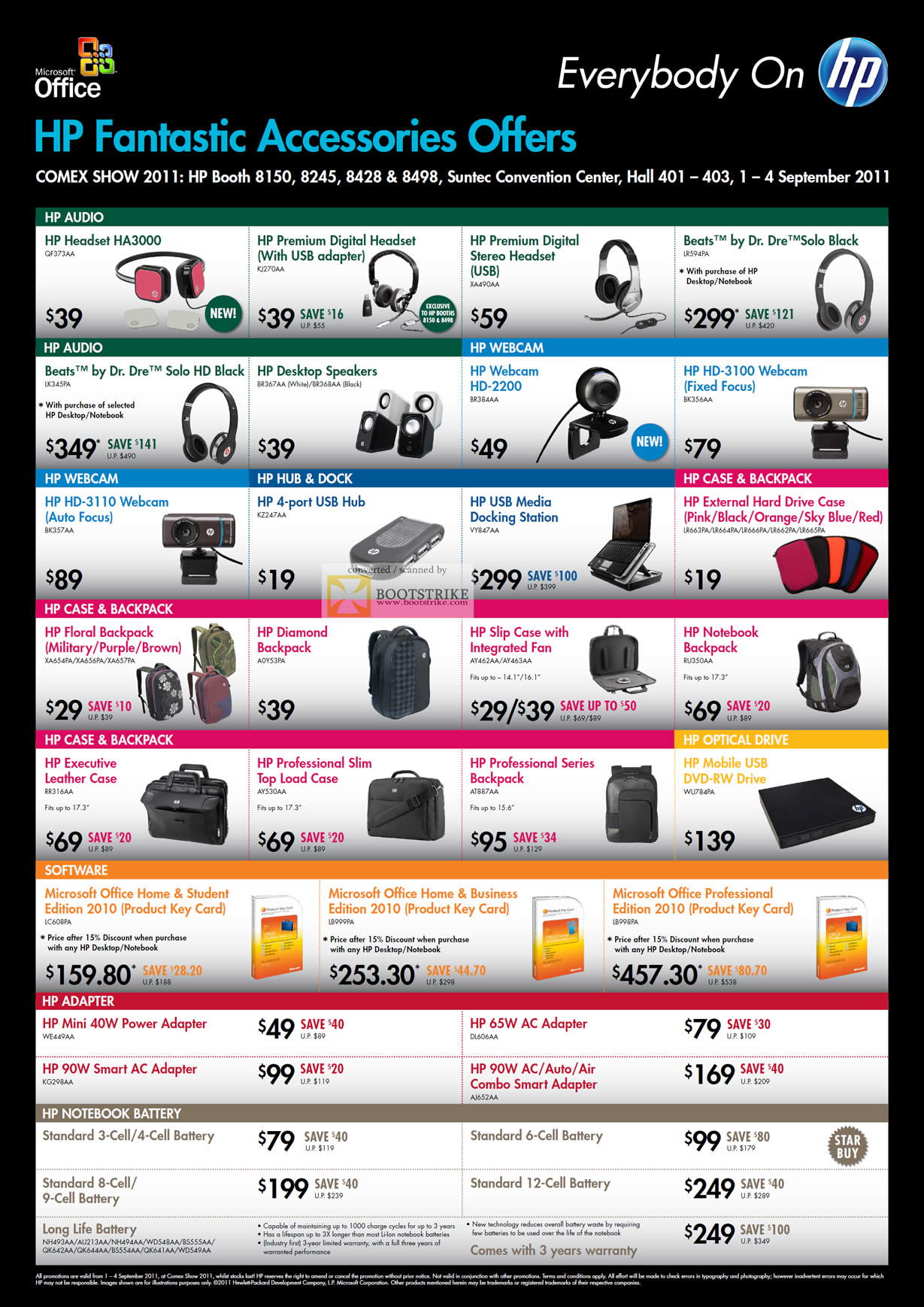 COMEX 2011 price list image brochure of HP Accessories Headset USB Beats Dr. Dre Solo Black Speakers Webcam HD-3110 Hub Docking Station Case Backpack Optical Drive Mobile USB Office Home Student 2010 PKC Adapter Battery